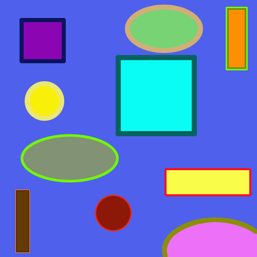 5 разноцветных бубликов и квадратов с обводкой разного размера