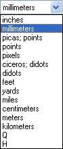 Список выбора единиц измерения для разметки координатных линеек