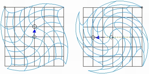 Центральная деформация скручивания сетки с квадратными ячейками для углов 90° (слева) и 180° (справа)