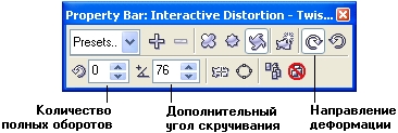 Панель атрибутов инструмента Interactive Distortion (Интерактивная деформация) при выборе деформации скручивания