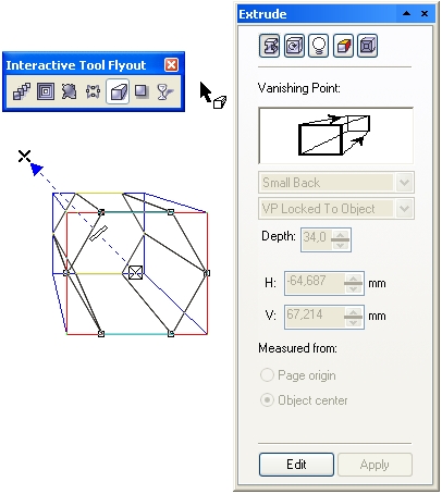 Инструмент Interactive Extrude, его указатель, пристыковываемое окно Extrude и элементы управляющей схемы экструзии
