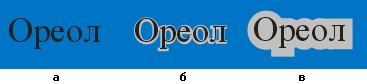 Ореолы с текстовыми управляющими объектами: а) объект без ореола, б) узкий ореол, в) широкий ореол