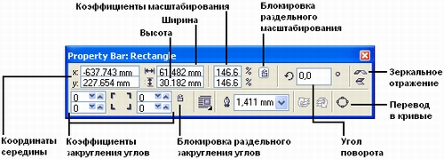 Панель атрибутов при работе с прямоугольниками (панель перемещена в центр рабочего пространства и представлена в виде окна)